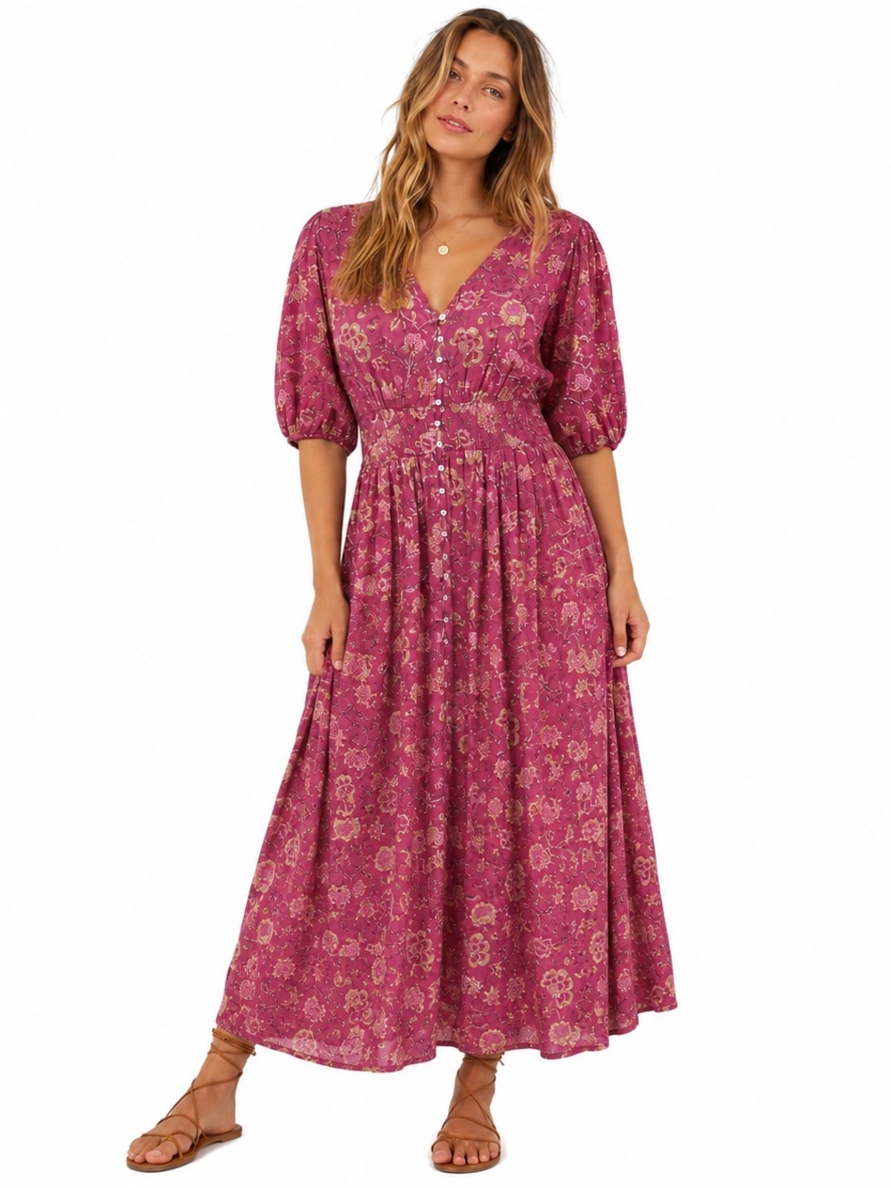 TALISMAN 100% Cotton Puff Sleeve Maxi Dress XL Boho Smocked Waist Cottagecore